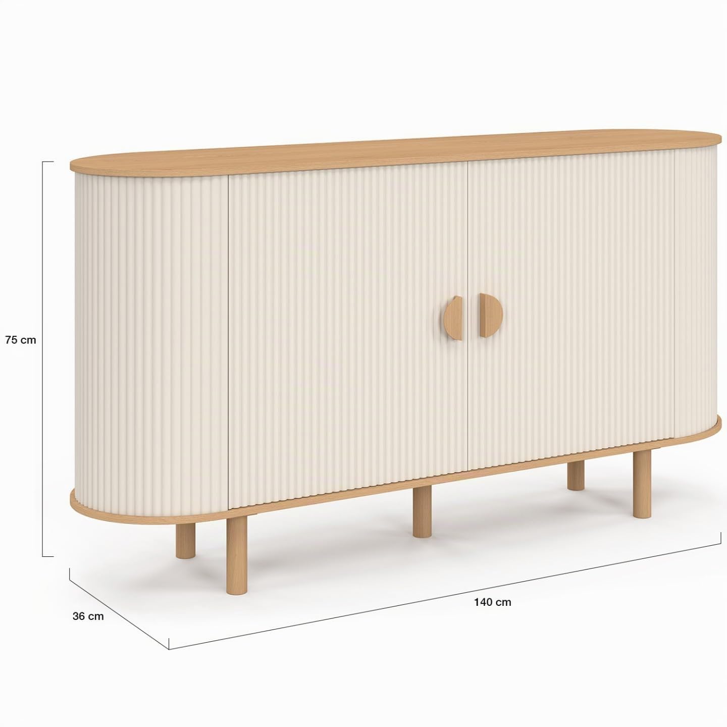 IDMarket - Aparador 140 cm KANEL 2 puertas efecto acanalado beige y madera