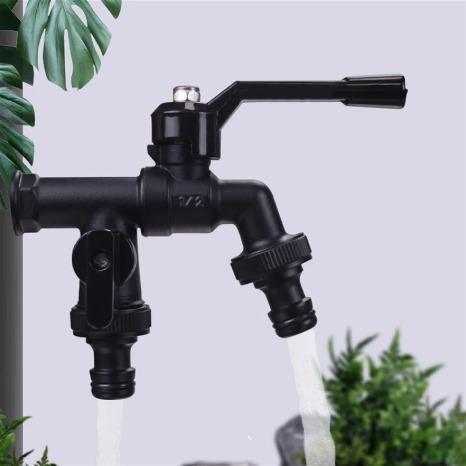 1 ingresso 2 uscite Rubinetti da giardino esterni in ottone Rubinetto a doppia uscita for acqua a singola nero(Black-Double Nipple)