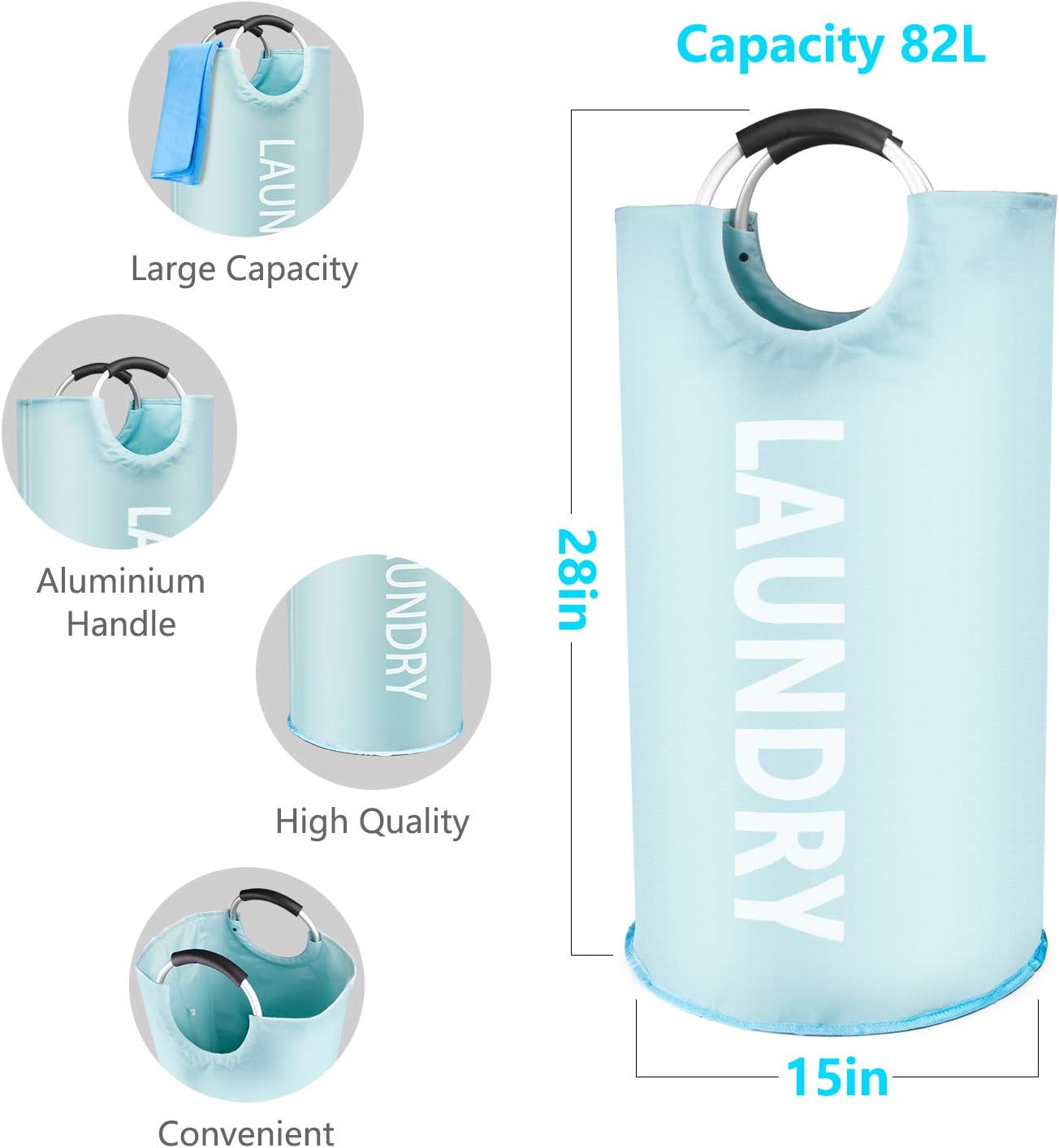 rabofly Large Laundry Basket, Collapsible Fabric Laundry Hamper Bag, Oxford Fabric, Waterproof, Folding Washing Bin Tote Bag Portable Dirty Clothes Basket with Comfort Durable Handles, Light Blue