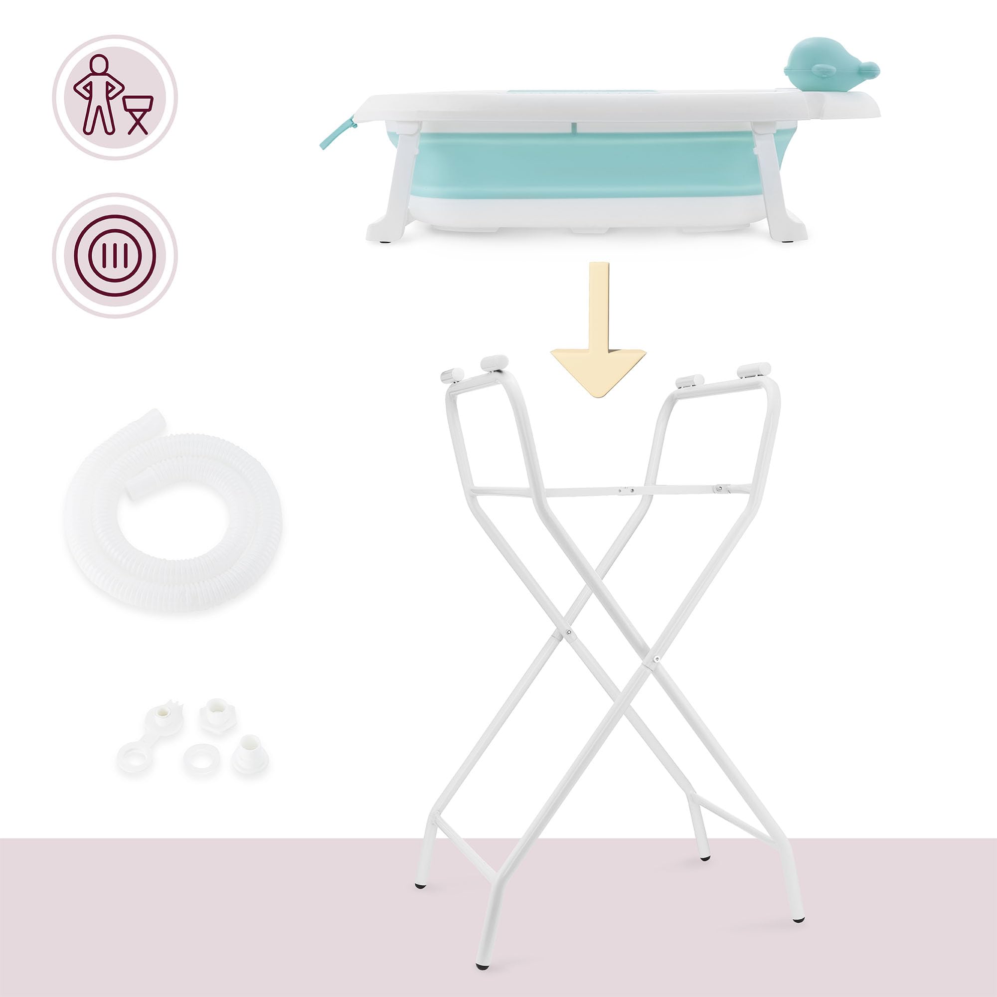 Moby-System Bañera Bebé Plegable con Termómetro LCD Incluye Inserto Soporte Alto y Bajo Vasito de Ballena – Compacta y Segura desde Recién Nacido – Menta