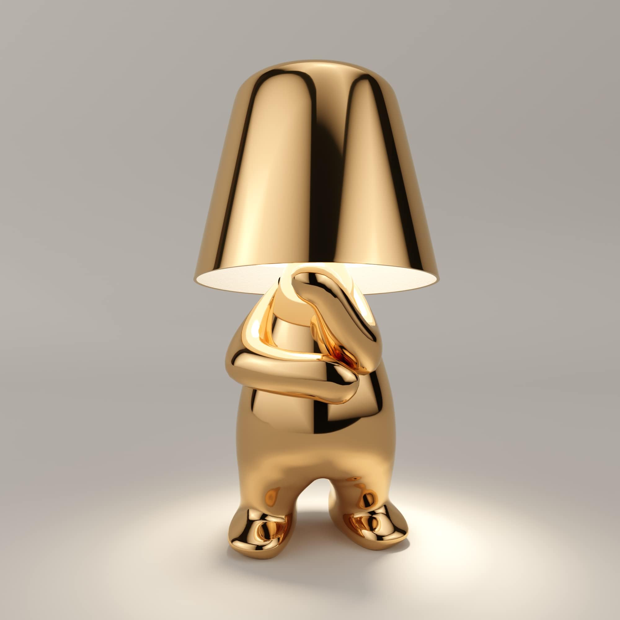 LUSHUE Thinker Lamp Gold - Unique Character Lamp for Living Room, Bedroom, Office - Cordless Dimmable Indoor Lighting with USB Charging - Home Decor (Mr Why)