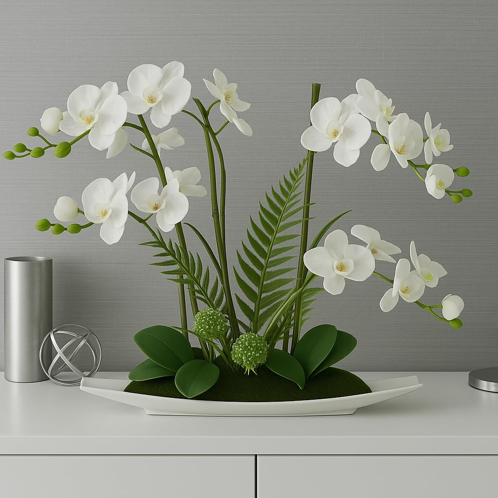 Kunstblume Schmetterling Orchidee 50cm mit Blätter und Luftwurzeln in Schale aus Keramik Künstliche Blume Kunstorchidee Phalaenopsis Kunstpflanze Hochzeit Deko Seidenblume Real Touch Blüte