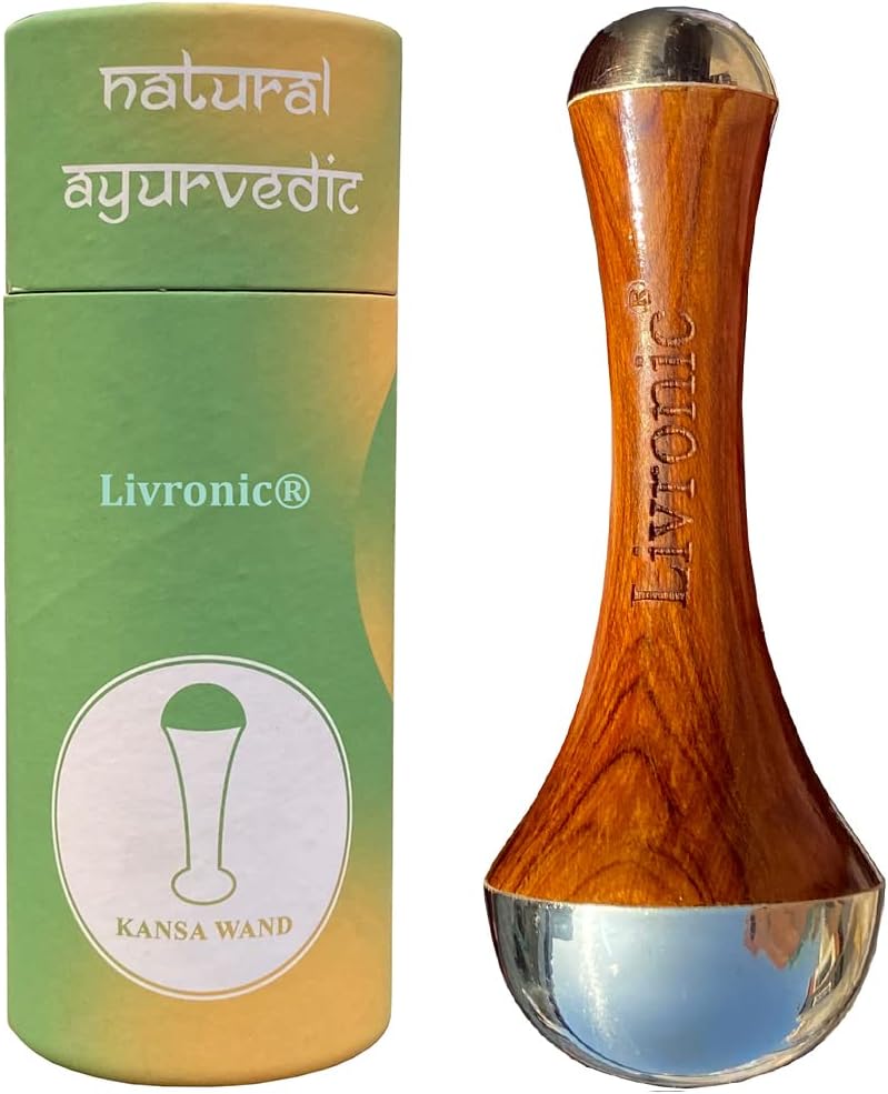 Livronic® Face Acupoint Kansa Wand Massager With Teak Wood Handle For Detoxification And Deep Relaxation 2 in 1 (Large) face, body and foot massager (NATURAL 4.5 2 IN 1 PLAIN)