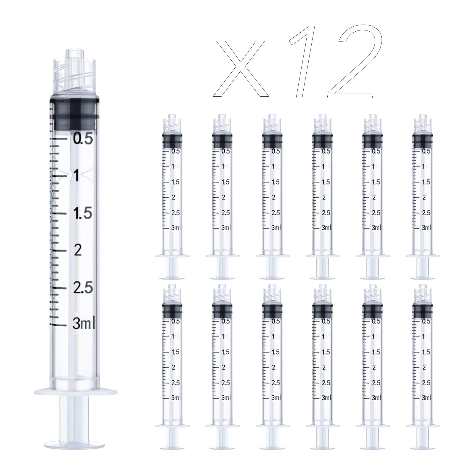 12 Pack 3ml Plastic Luer Lock Syringe, Measuring Syringe Individually Sealed for Scientific Labs, Measuring Liquids, Feeding Pets, Oil or Glue Applicator (3ml, 12)