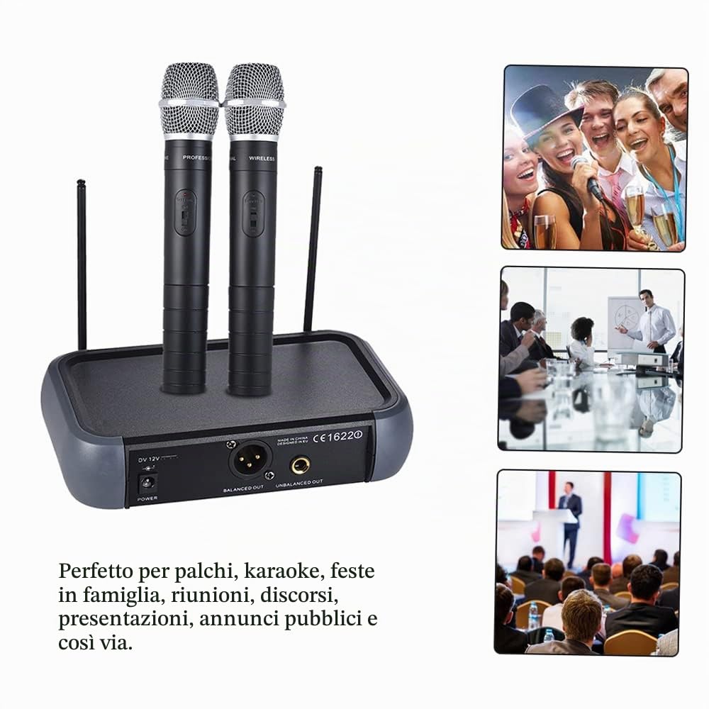 Btuty Microfono Senza Fili a Doppio Canale VHF con Funzione eco 2 Microfoni e Ricevitore Cavo Audio 6,35 mm per Karaoke Festa di Famiglia Performance Presentazione Public Address