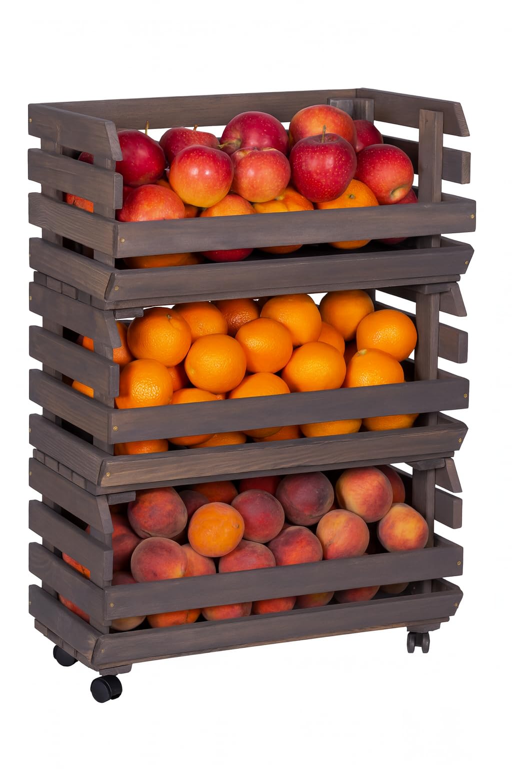 Obstkiste Holz auf Rollen 57 x 79 x 30 cm Kartoffel Obst Gemüse Aufbewahrung Regal mit Körben Stapelkisten Holzkiste Groß Aufbewahren Gemüsekiste 3 Etagen Farbe Grau