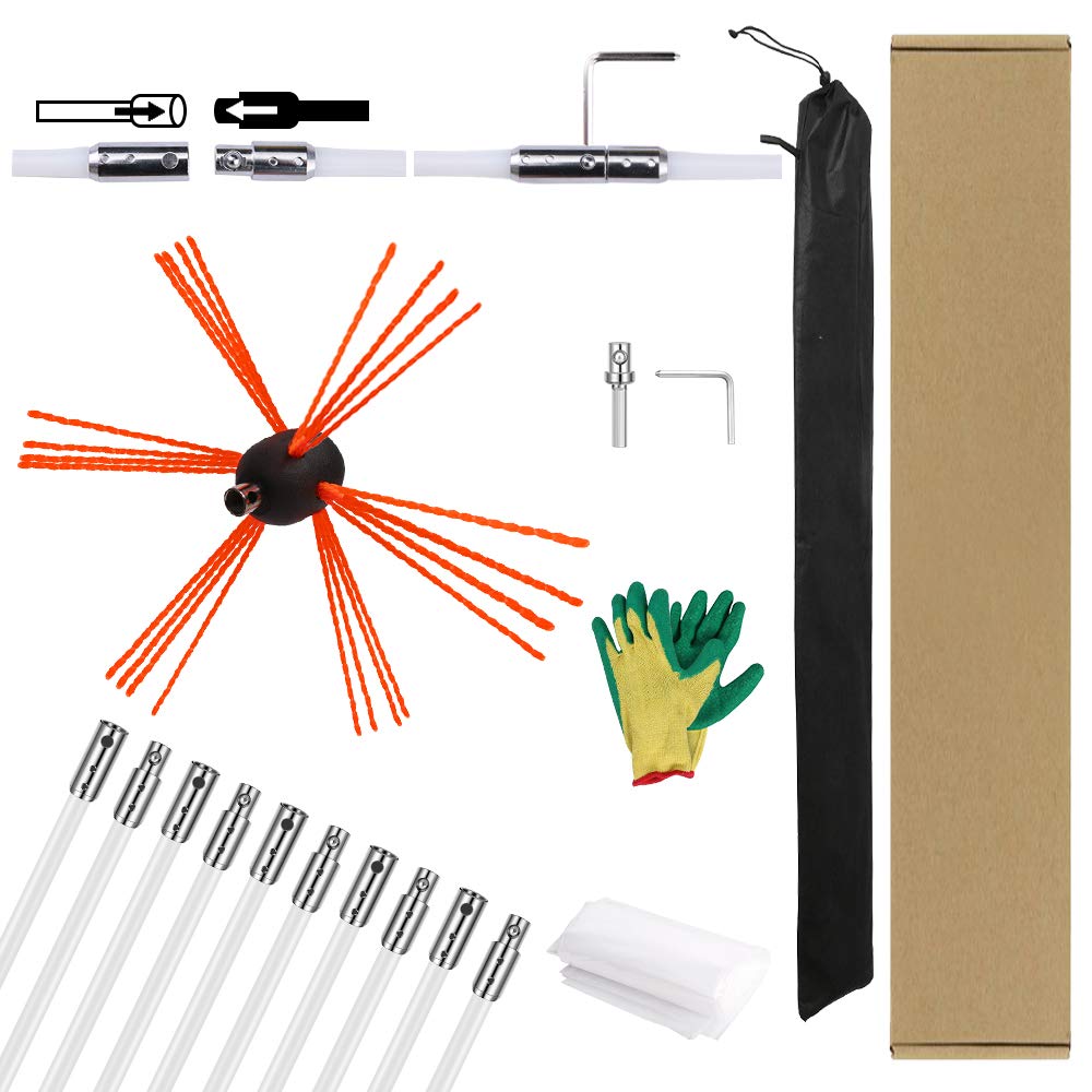 Morinoli 26ft Chimney Cleaning Kit Vent Chimney Cleaning System with Extension Rob Extends Up Flexible Nylon Rods,Includes Trim-to-Fit Spinning Chimney Whip（10 Rods）