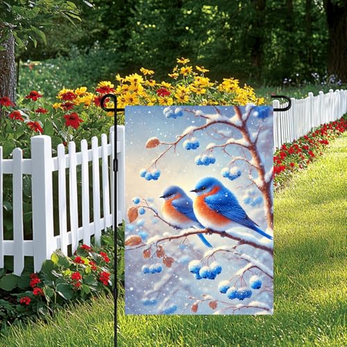 Image of BlissYard Snowy Bluebird Bird Winter Garden Flag 12x18 Inch Polyester