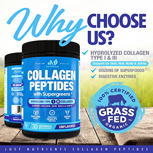 Collagen Peptides Powder With Super Greens - Hydrolyzed Collagen Type I & Iii For Hair, Skin, Nails & Joints – Superfoods, Digestive Enzymes, Grass-Fed, Non-Gmo, Unflavored - 30 Servings #TOP2