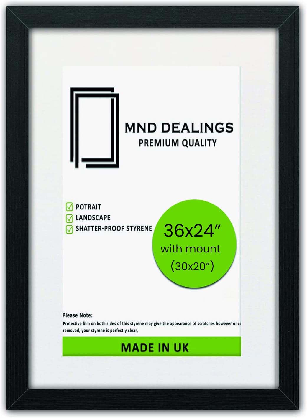 MND Dealings Black 36x24 Picture Frame, Display Picture with (30x20) White Mat, Thin Photo Frames with HD Clear Perspex for Wall Mounting Horizontally and Vertically (Black)