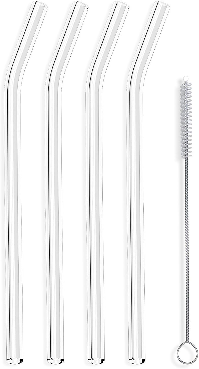 'Clear Straws Straw Curved Pyrex "Unbreakable Glass, Handmade, Transparent, 21 cm x 8 mm Pack of 4 with Cleaning Brush, Premium Glass Clean, Reusable, Washable, Environmentally Friendly, BPA , Unbreakable Ideal to Hit, and Cocktail Smoothie