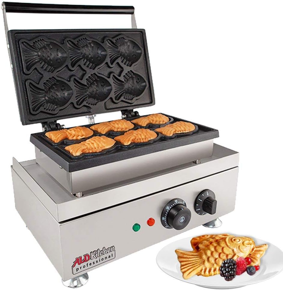 ALDKitchenTaiyaki Fish Waffle Maker Commercial Non-Stick Digital Taiyaki Gold Fish Waffle Machine 6-Cavity Fish Waffle Maker Baker (110V)