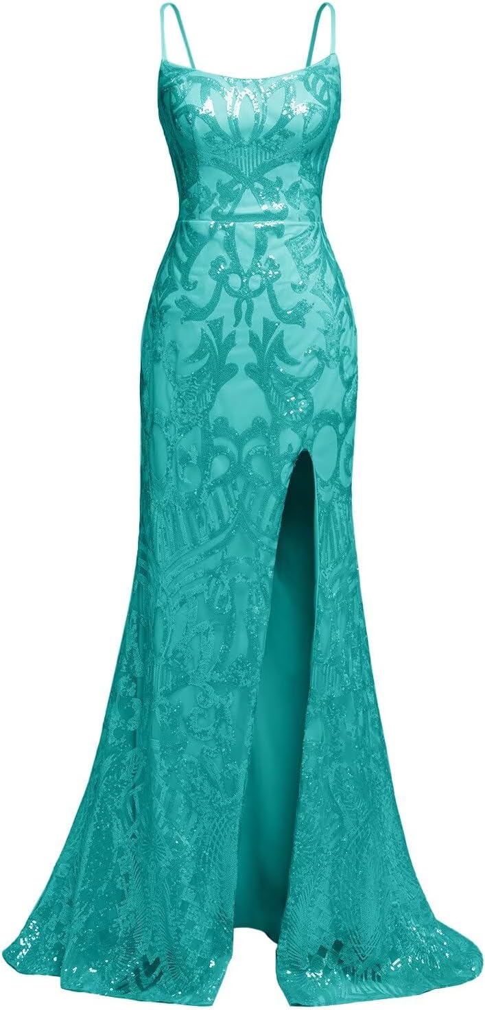 Wchecalino Mermaid Sequin Prom Dresses for Women 2026 Spaghetti Straps Formal Evening Party Gown with Slit