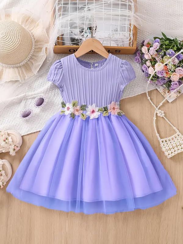 Image of Niren Enterprise Girls' Lilac Flower Waist, Tulle Skirt, Puff Sleeve, Elegant Birthday, Soft Lining Dress
