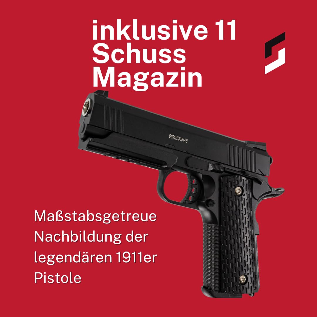 Softair Pistole Set Galaxy G25 Warrior 6mm Federdruck ab 14 Jahren unter 0,5 Joule Vollmetall Nachbildung 1911 mit Magazin und 500 OpTacs BBS für Einsteiger Airsoft