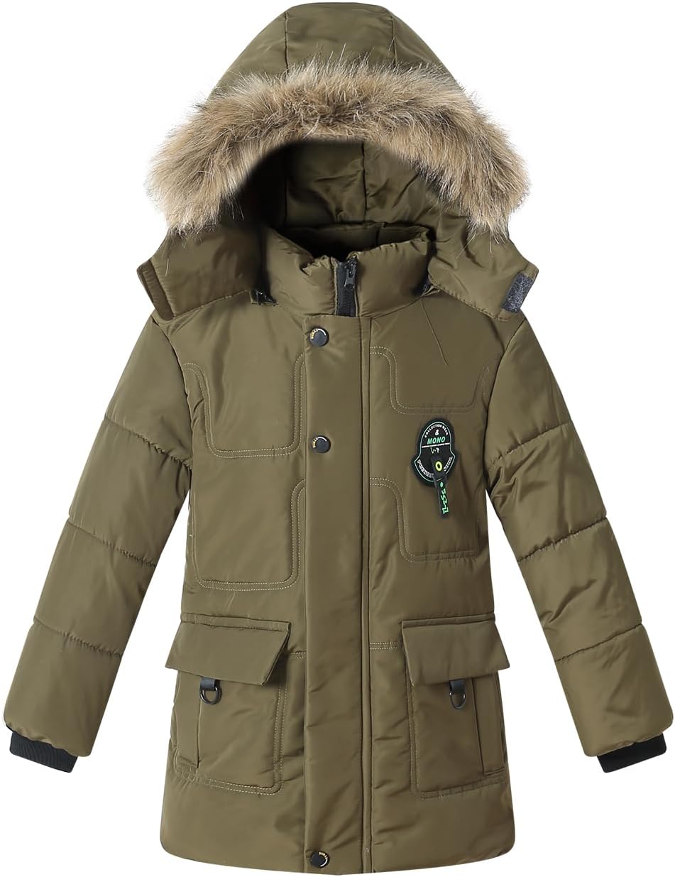 Boy Winter Fleece Coat Puffer Jacket with Faux Fur Hood Long Outwear Kid Clothes