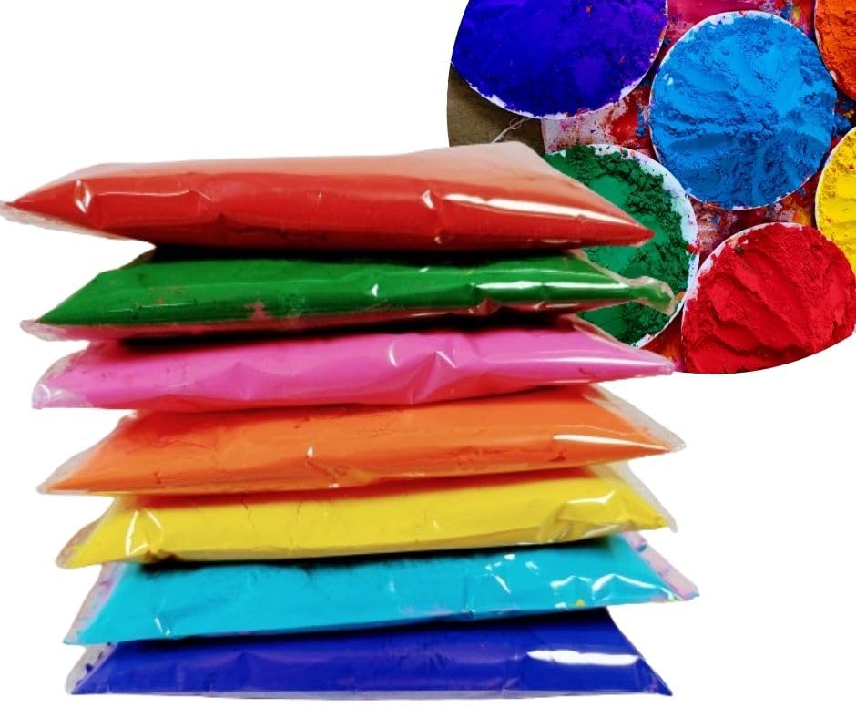DEV POOJA STORE Holi Colours Organic, Holi Colours Set, Abir Gulal for Holi, Pooja, Pack Natural Holi Colours of Red,Pink,Green,Yellow,Blue (50gram) x7Pack