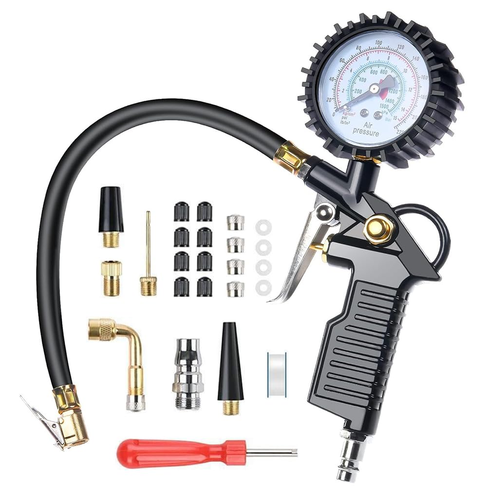 Manómetro Presión Neumáticos Digital, 220PSI Pistola de Inflado Compresor Digital Manómetro de Alta Precisión con 24 pcs de Accesorios Medidor de Presión Neumáticos para Coche Moto Bicicleta