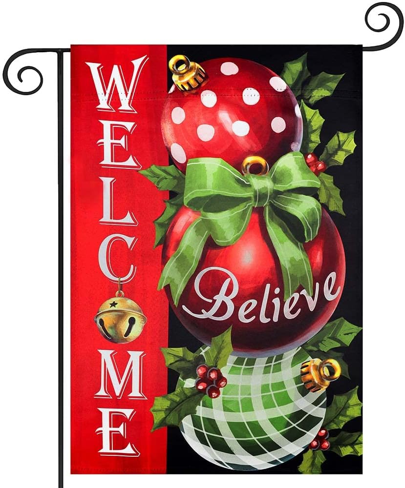 Welcome Christmas Garden Flag, hogardeck Believe Outdoor Christmas Decorations, Vertical Double Sided Yard Flag, Christmas Ball Farmhouse Decor 12.5x18 Inch
