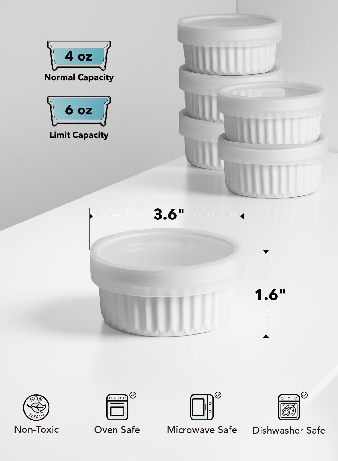LE TAUCI Lot de 6 ramequins avec couvercles, passent au four, pour crème brûlée, plats à soufflé en céramique avec couvercles, pour pâtisserie, pudding, service, crème glacée, blanc