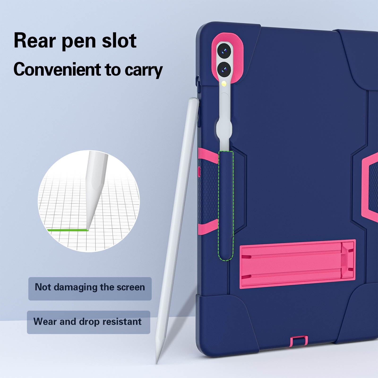 Etui do Samsung Galaxy Tab S9 Plus/Tab FE Plus SM-X810/X818U 31.5 cm (2023), silikonowe etui na tablet z podpórką, wytrzymałe, odporne na wstrząsy, wytrzymałe etui ochronne (granatowe + różowe