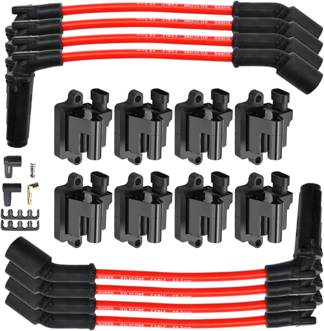 MAS Set of 8 Square Ignition Coils Pack UF271 & 8.5mm Spark Plug Wires Compatible with Cadilac Escalade Chevy Silverado GMC Sierra 1500 2500 3500 Hummer H2 Replacement for D581 5C1083