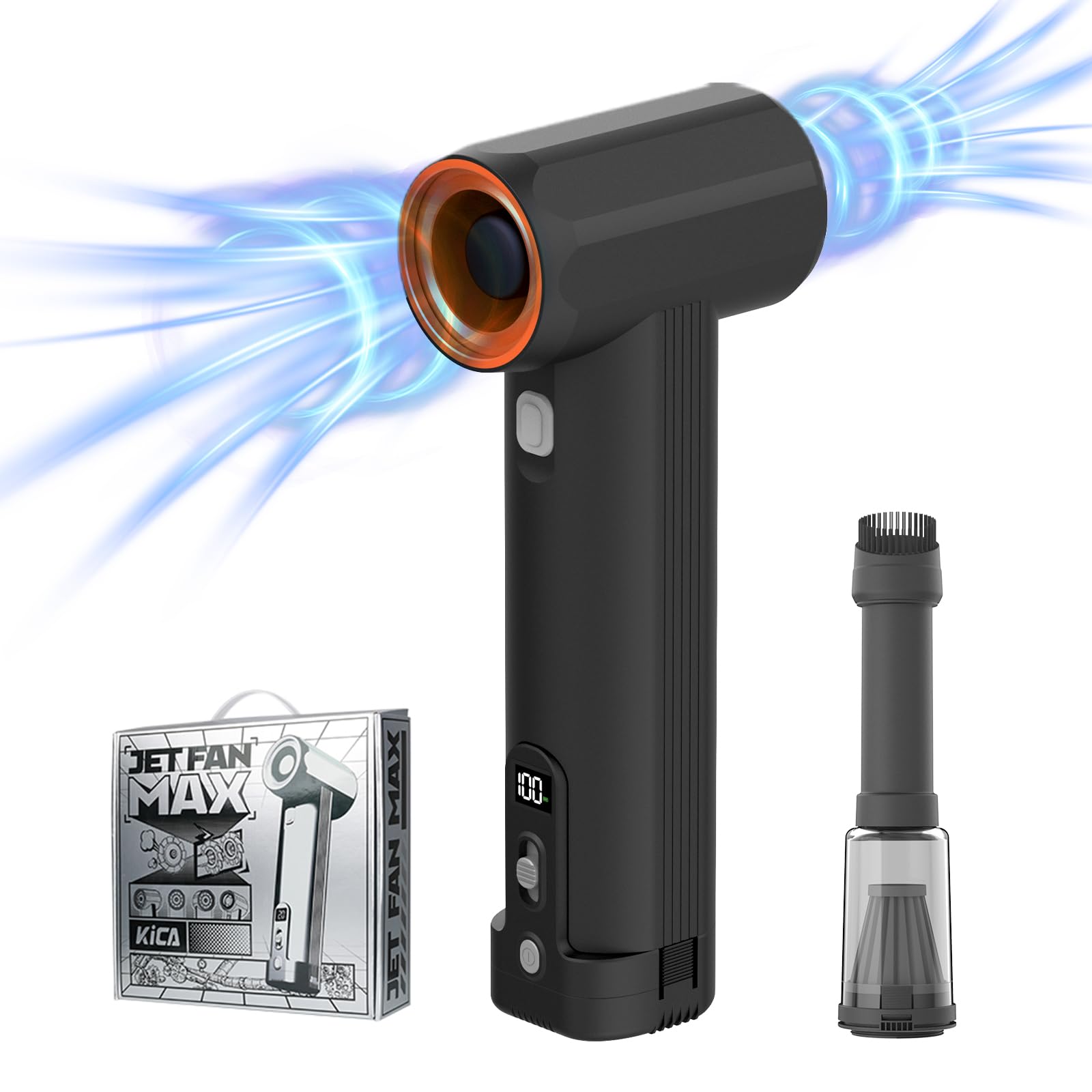 Kica JetFan Max – Turbo Dryer Blower for Car, Cordless Leaf Blower, 205 MPH, 31.75oz Max Thrust, Cordless, Stepless Speed Control for Patio Cleaning,