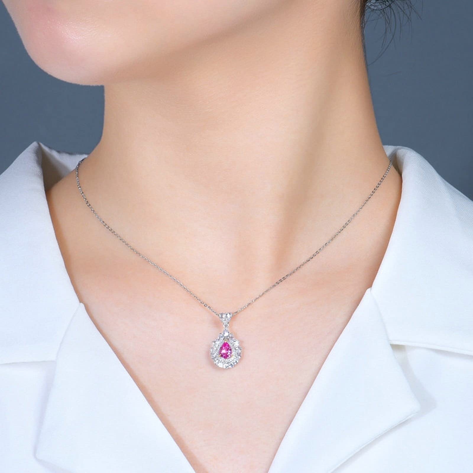 Collana in Oro Bianco 18Kt, CiondoloDonna Diamante Goccia con Rosa Zaffiro 0.7ct