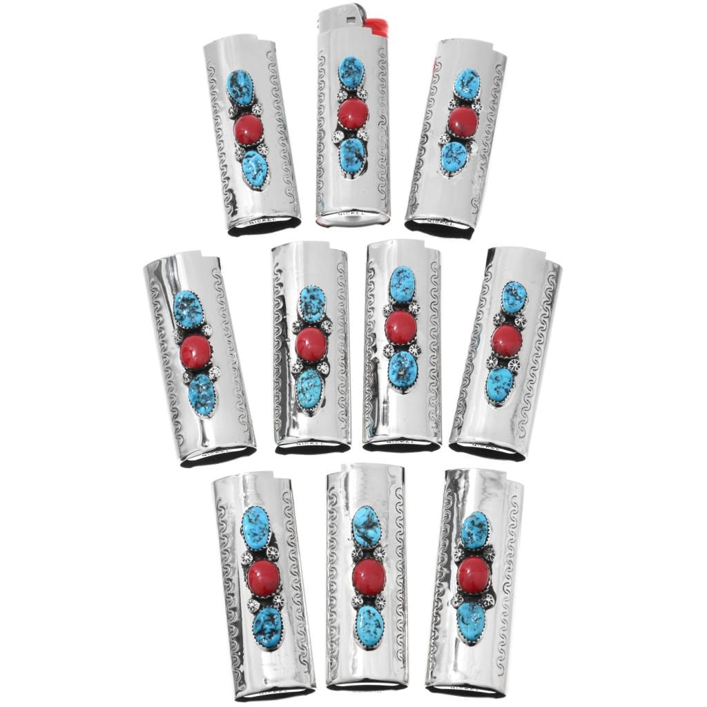 Alltribes Navajo Turquoise Coral Silver Lighter Case Cover Three Gemstone Unisex Design 0004