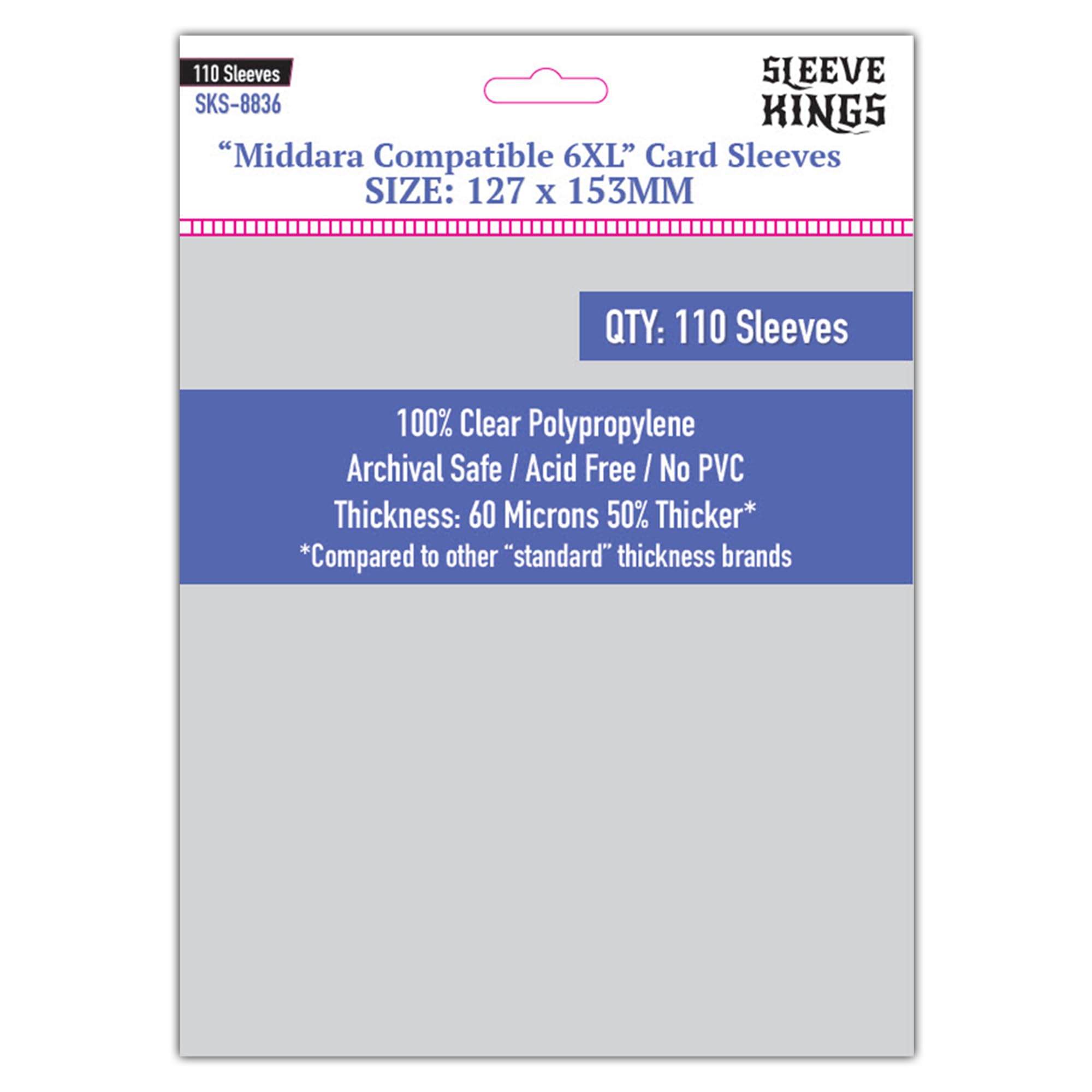 Sleeve Kings Standard Card Sleeves – 110 Count, Clear 60 Micron Thickness, XXL Size (127 x 153 mm), Compatible with Middara & More – SKU: SKS-8836
