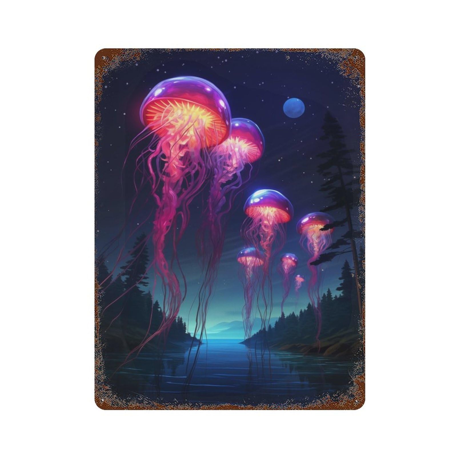 Synthwave Jellyfish Distressed Metal Wall Sign 15.7"x11.8", Industrial Home Decor for Garage, Pub Or Kitchen