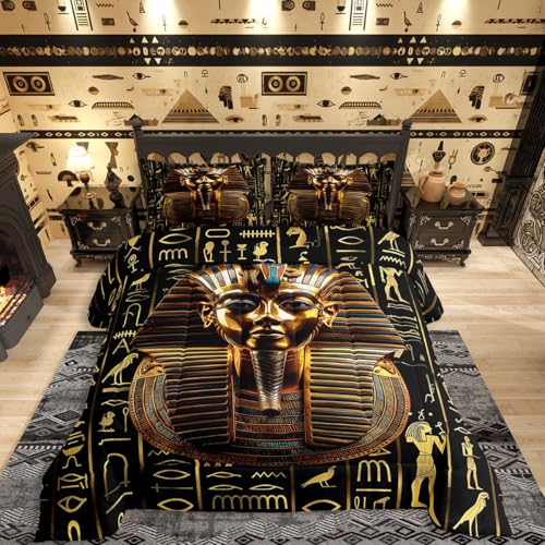 Gold Pharaoh Print Comforter Set 3D Vintage Pharaoh Pyramid Full Bedding Set,Old Egypt Hieroglyphics Pattern Down Comforter for Kids Boys Teens Bedroom,Ancient Egypt Quilt Insert for Bedroom