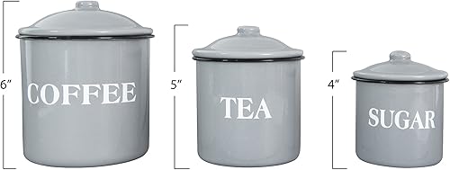 Miniatura 3 de Creative Co-Op Recipientes de metal esmaltado con tapas, "café", "té" y "azúcar", gris, juego de 3 tamaños