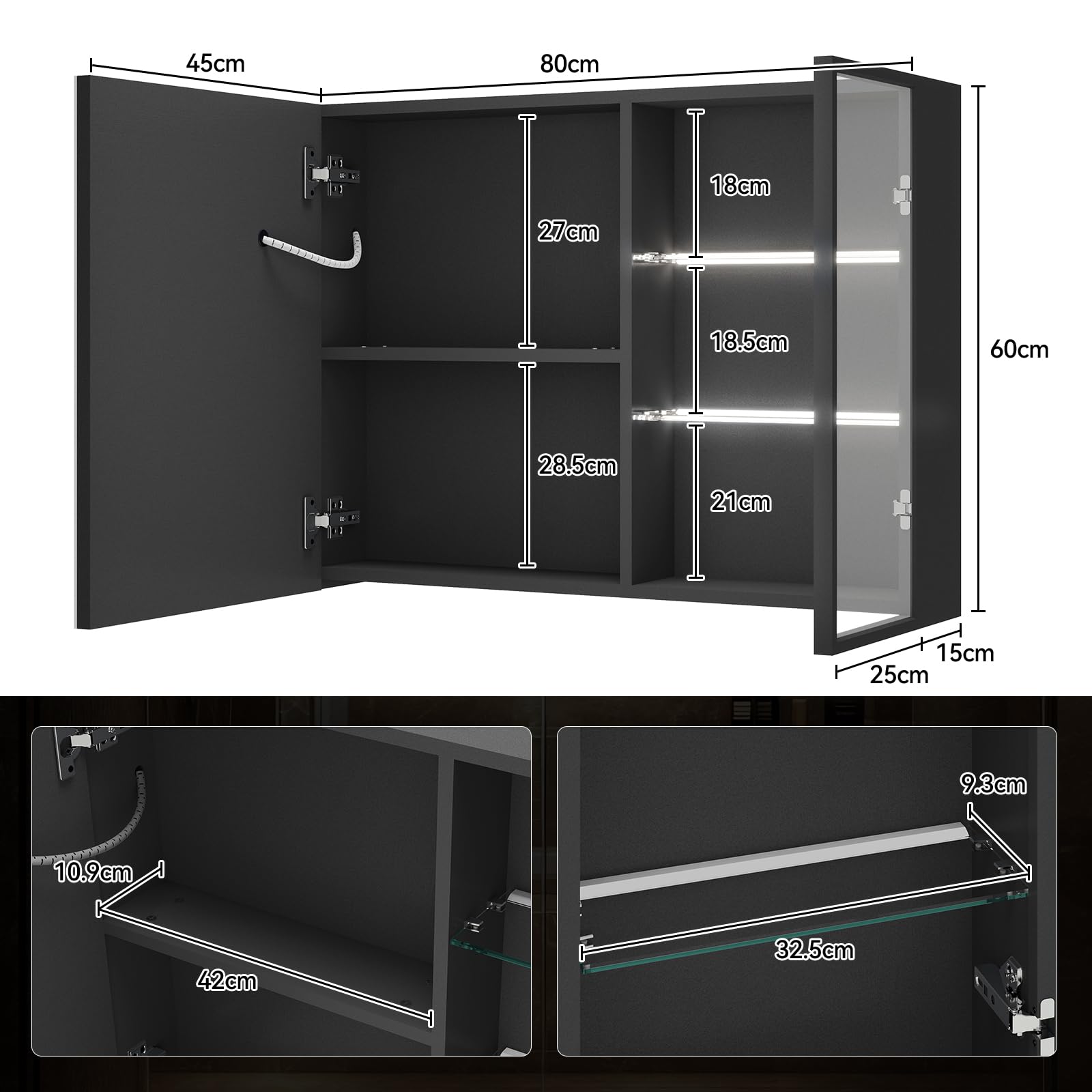 YU YUSING Specchio Contenitore Bagno con Luce 80x15x60 cm, Mobile Bagno con Specchio, Armadietto Bagno Sospeso, Specchiera bagno, 2 Ripiani Illuminati Aperti, Anta in Vetro, 3 Modalità di Luce, Nero