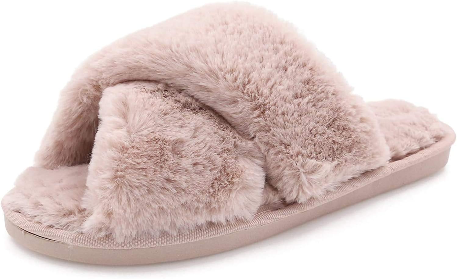 U-slide Women’s Cross Band Soft Plush Fluffy Furry Fleece House Indoor or Outdoor Ladies’ Slide Slippers, Powder Pink, L(9-10) - Image 5