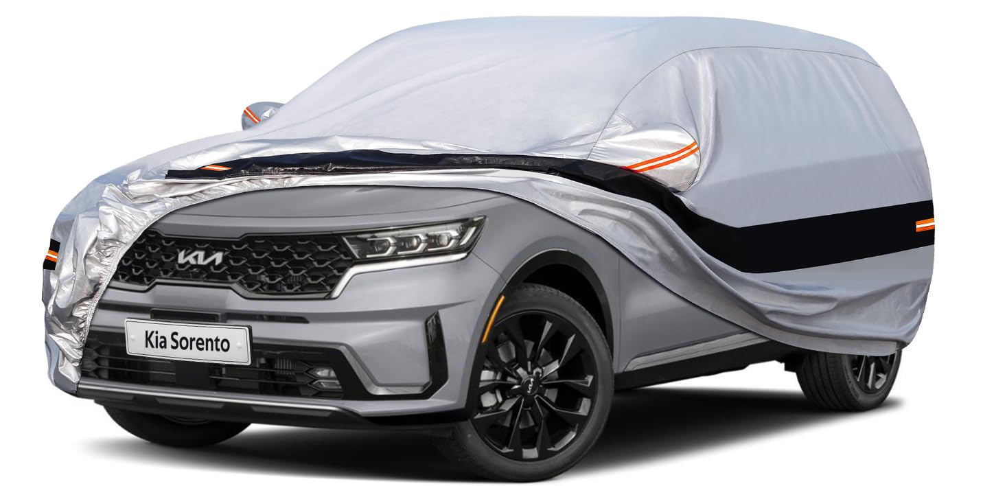 Holhtly Autoabdeckung, maßgeschneidert für Kia Sorento, Autoabdeckungen für Automobile Allwetter, wasserdicht, Sonne, Schnee, Regen, Wind, Staubschutz, Outdoor-Autoabdeckung, Grau & Schwarz