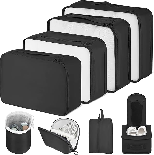 Amazon Brand - Umi Packing Cubes, 8PCS Packing Cubes for Suitcases, Travel Organiser Set for Clothes Shoes, Suitcase Organiser Bags, Travel Essentials Compression Packing Cubes for Travel (Black)