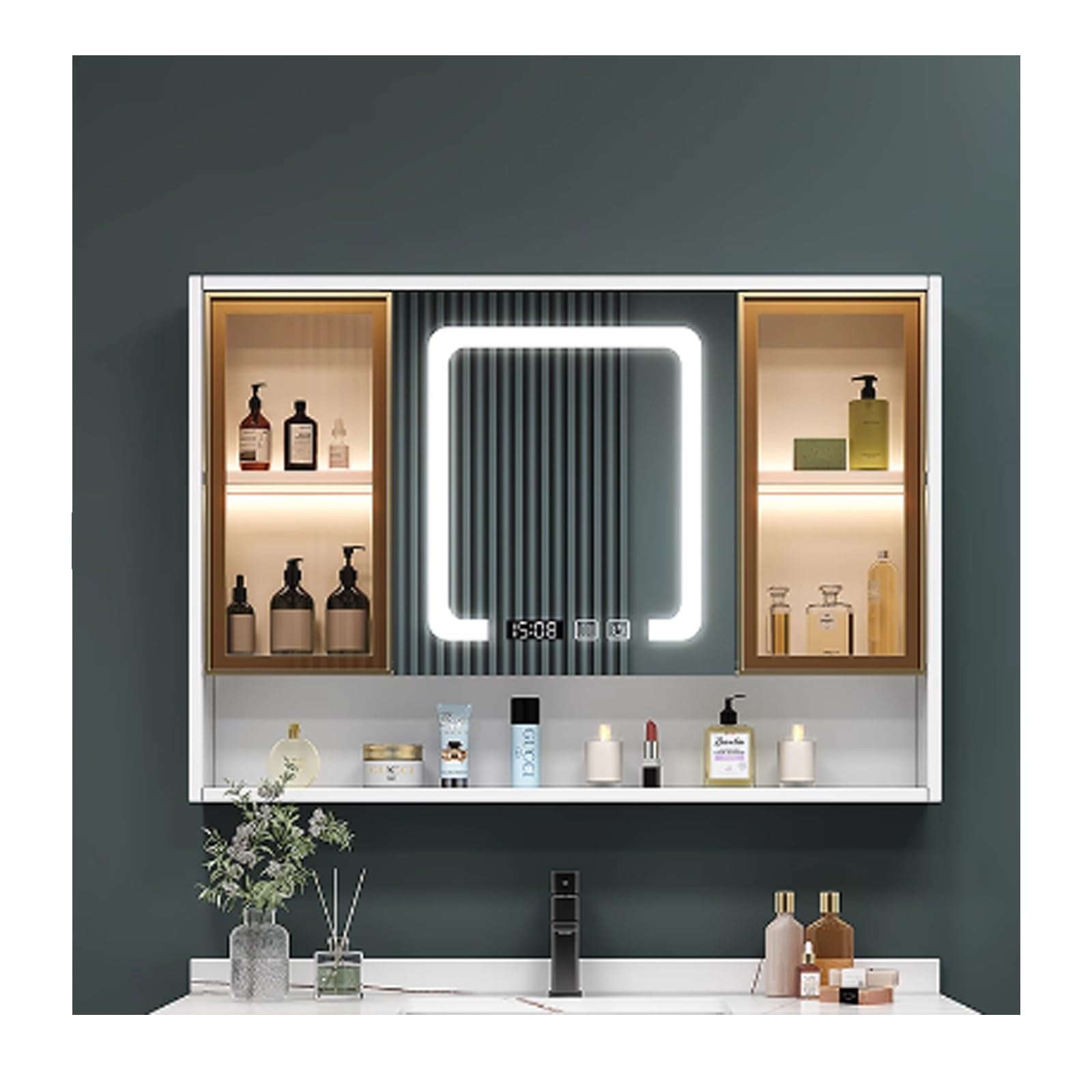 BKSXSOP Modern Smart Medicine Cabinet with Touch Switch Mirror, Wall-Mounted Storage for Bathroom & Bedroom, 90cm/35.4in, White, Stylish Mirror Shelves