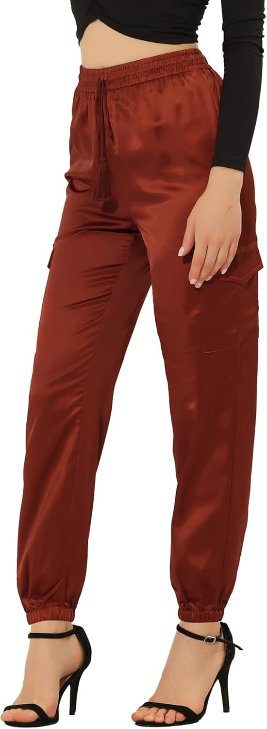 Allegra K Women's Satin Pants Tie Elastic High Waist Shiny Silky Dressy Satin Cargo Joggers