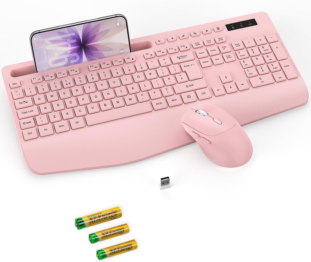 KM23D Wireless Keyboard and Mouse Set, 2.4G Ergonomic Cordless Set with Wrist Rest, Phone Holder, Batteries Included, Lag-Free Silent Combo for Laptop, PC, Mac, Windows - Pink