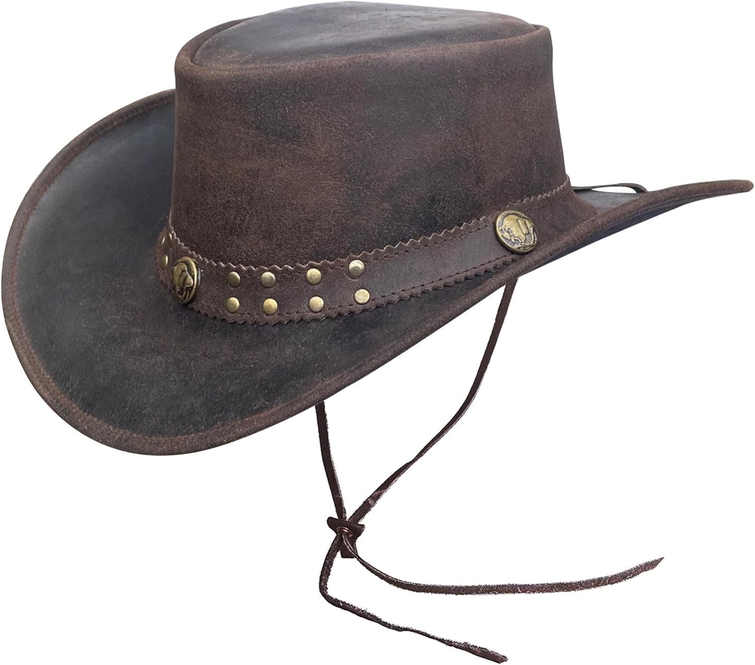 Brandslock Mens Vintage Black and Brown Wide Brim Cowboy Aussie Style Western Bush Hat (Large Brown)