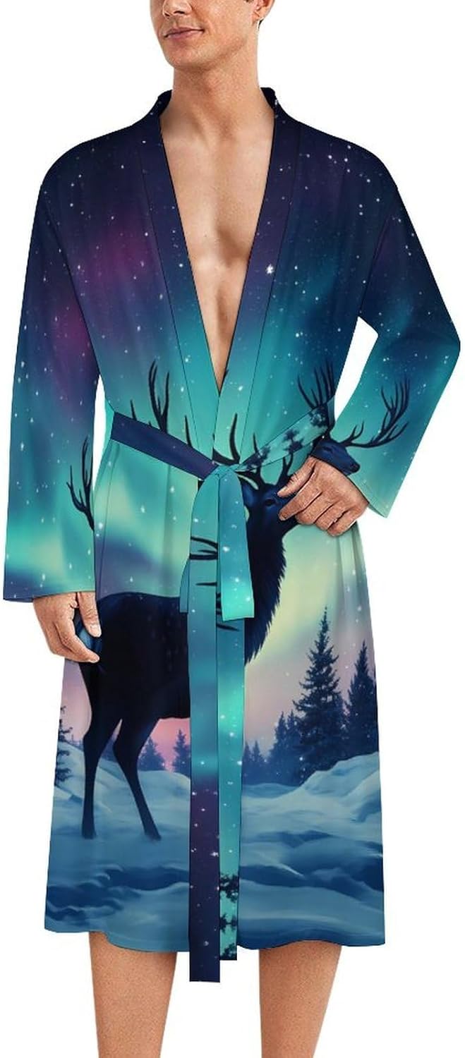 Aurora Deer Men's Robe Soft Bathrobe V Neck Loungewear Sleepwear Nightgown Dressing Gown