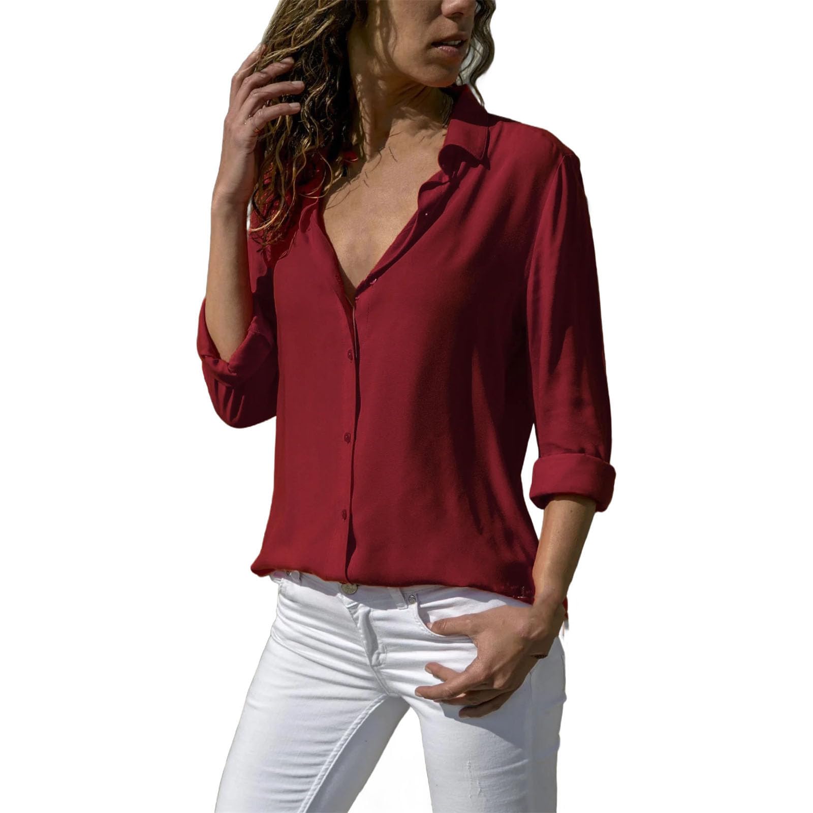 Camisa de primavera para mujer, informal, de manga larga, con botones, color liso, para oficina, color blanco