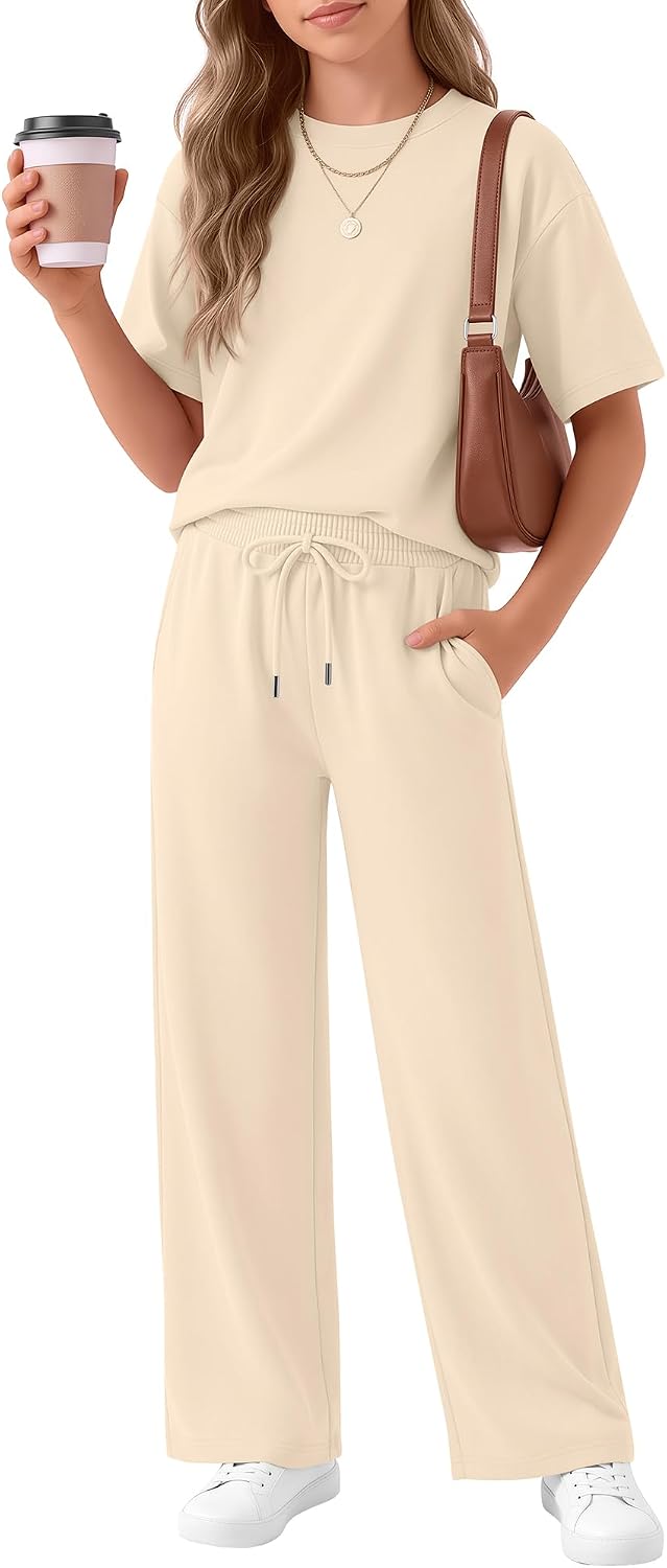 Girls' 2 Piece Outfit Short Sleeve Crewneck Top Drawstring Wide Leg Pants with Pocket Fashion Clothes Sets