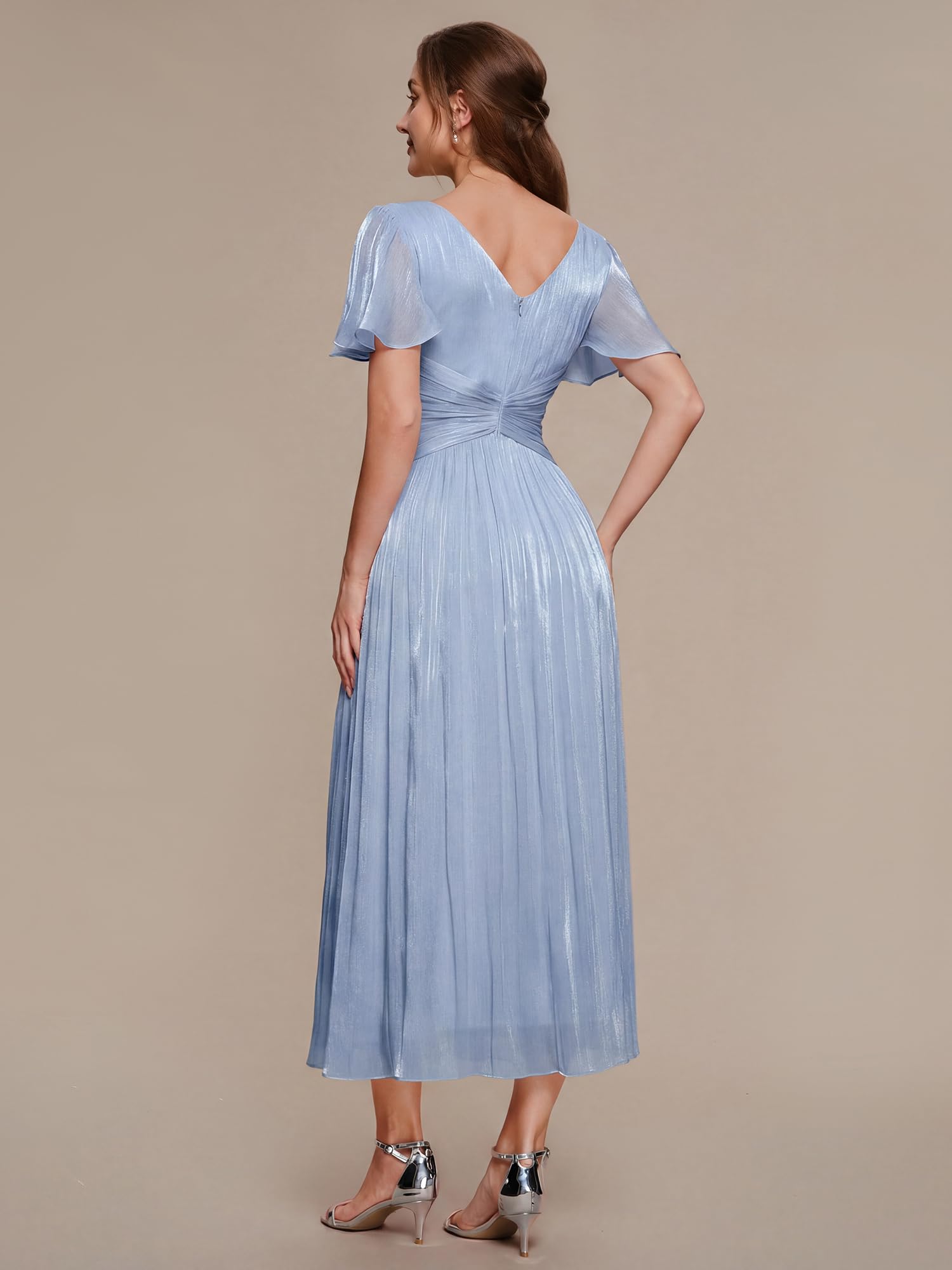 Ever-Pretty Vestito Donna Elegante Collo a V Maniche Corte Sea-Island Filament Fabrics Midi Gonna Svasata EG02770