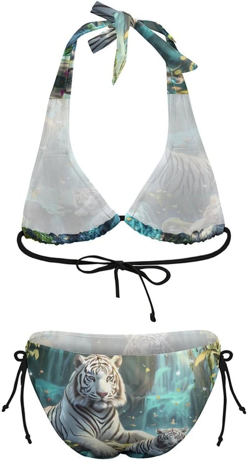 White Tiger Waterfalls Novelty Women's 2 Piece String Bikini Set Swimsuits Bathing Suit Swimwear