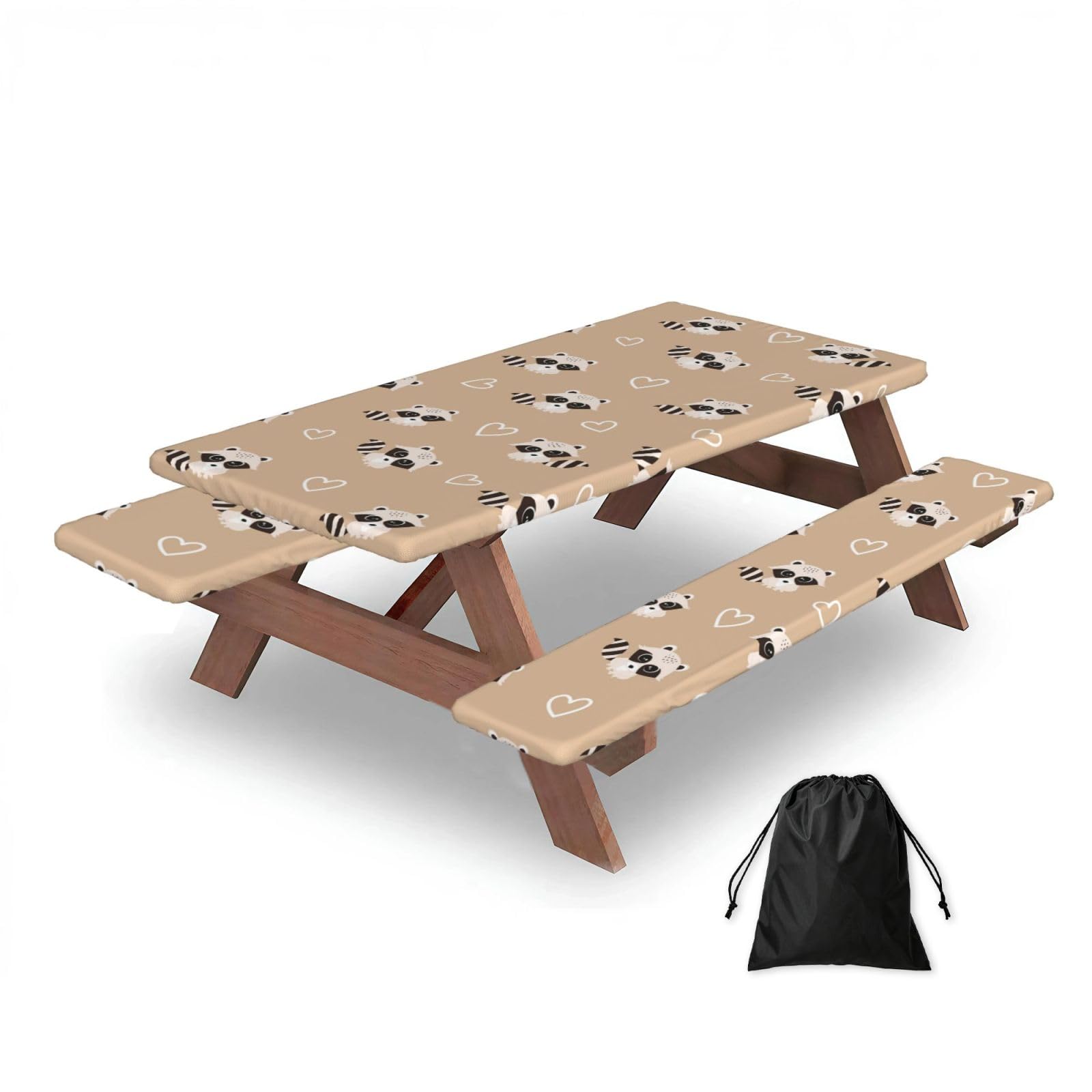 Dopklna As Picture Raccoon Cute Animal Print, Picnic Table Cover With Bench Covers -Waterproof Elastic Fitted Tablecloth For Garden Camping Patio 76X152cm