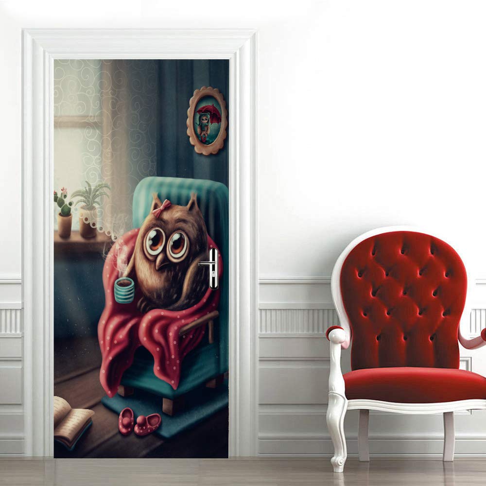 Papier peint porte étanche et auto-adhésif chouette 73x205
