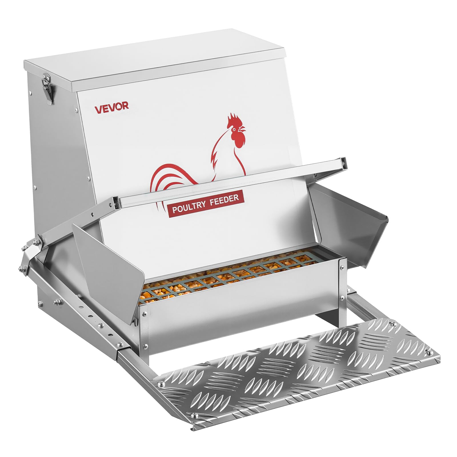 VEVOR Mangiatoia Automatica per Polli, Capacità di 18,14 kg, Mangiatoia per Pollame a Pedale Antipioggia con Coperchio Bloccabile, Senza Sprechi, Struttura in Acciaio Zincato, per Galline Nane