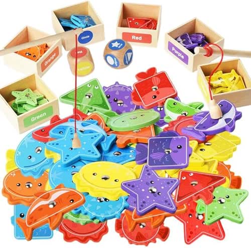 Montessori Toys for Toddlers 1-3,Wooden Magnetic Fishing Game Educational Shape